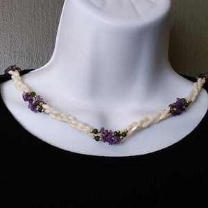 Natural Mop Rice Mother of Pearl 3 Strand Twisted Necklace with Jade & Amethyst